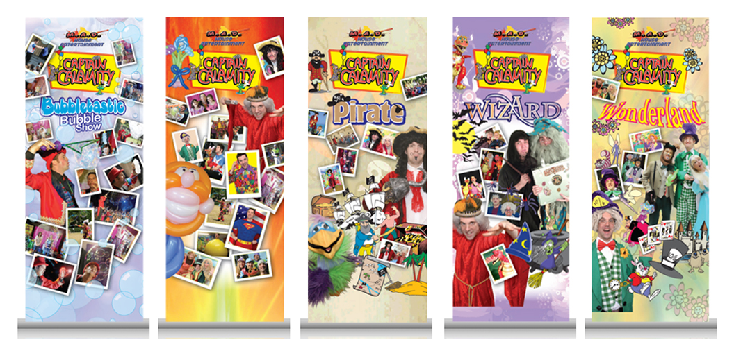 Series of pop-up banners used on-set for MAD Entertainment. All design, including Calamity logo, layout and illustrations